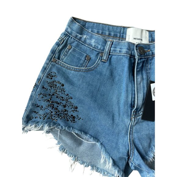 ONE TEASPOON Crystal Rocks Swarovski Collab Denim Shorts Sz 28 NEW - Picture 2 of 9